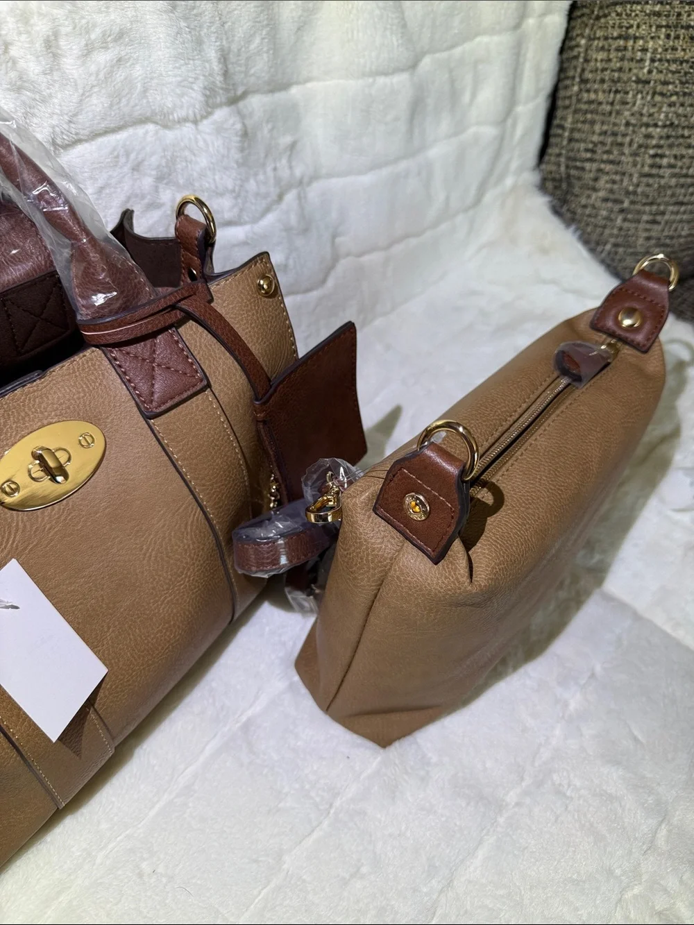 Tan & Brown Structured Tote Bag with snap in pouch and crossbody strap